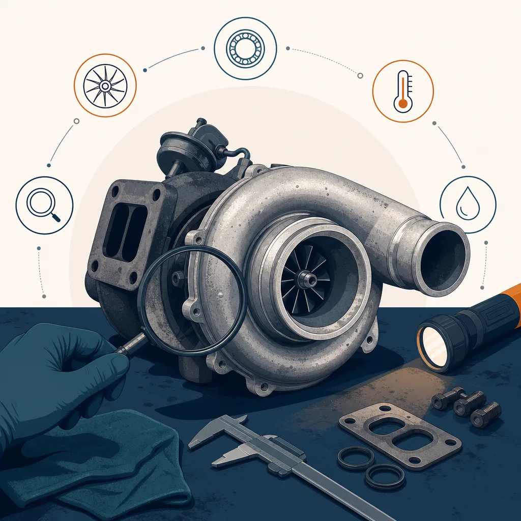 Turbocompressore usato su un banco da lavoro pronto per l'ispezione prima dell'acquisto