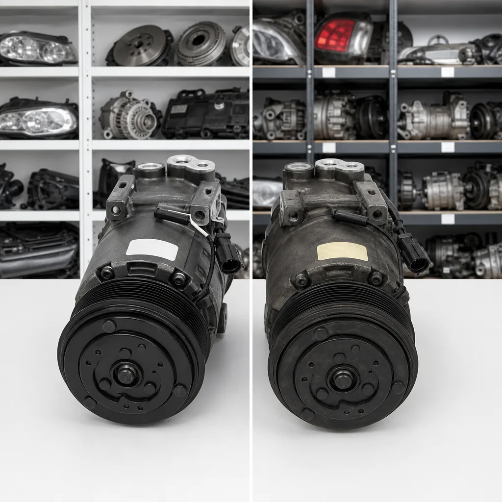 Ricambi auto usati organizzati su scaffali con etichette per la compatibilità cross-modello