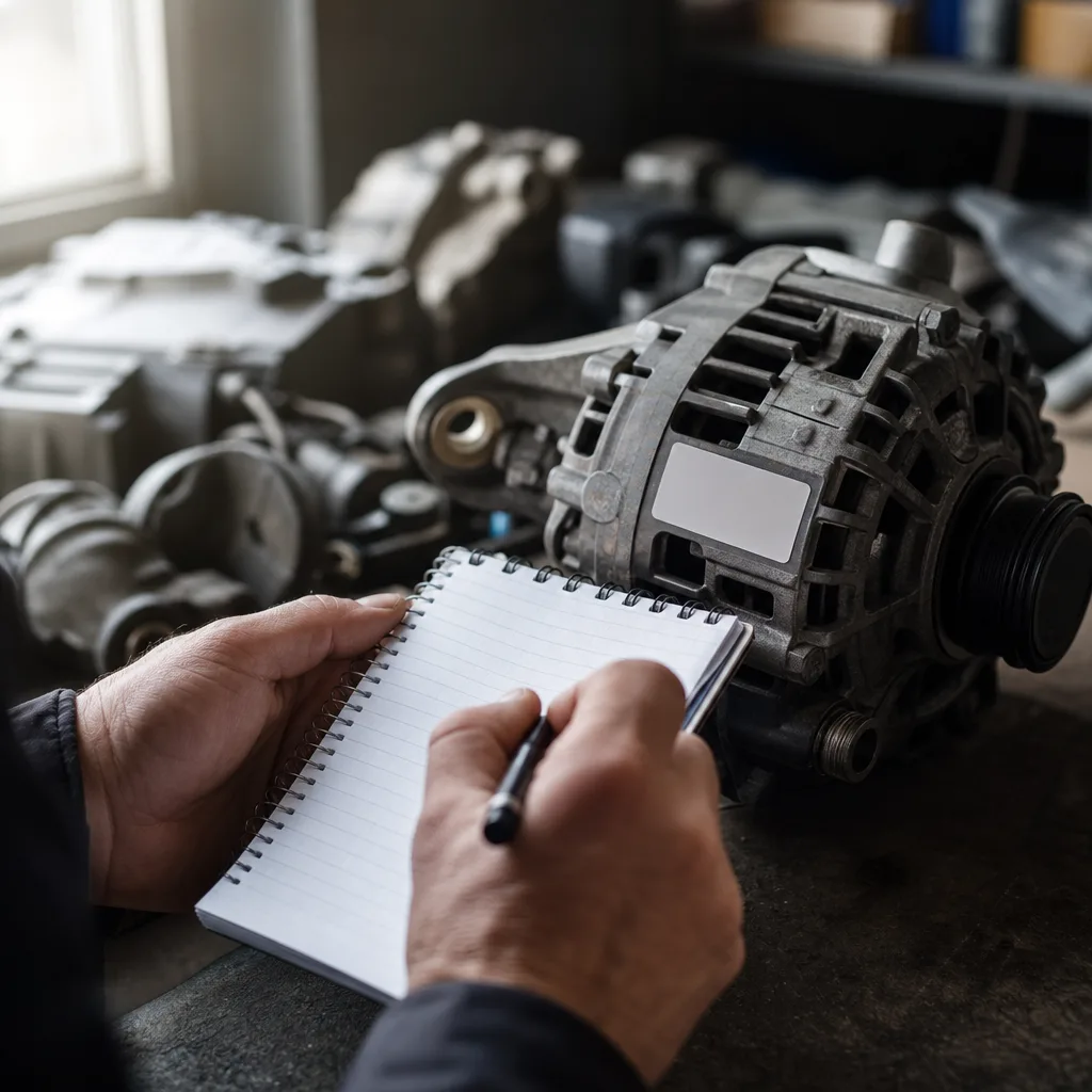 Meccanico che controlla un numero di parte OEM su un componente auto usato prima dell'acquisto
